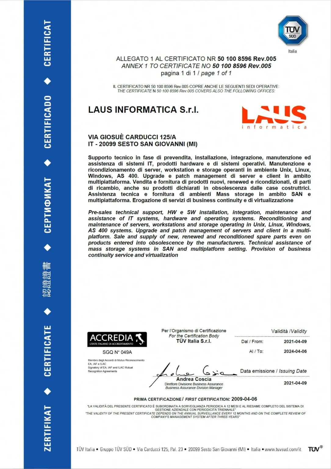 Cerificato UNIENISO allegato 1 Laus Informatica