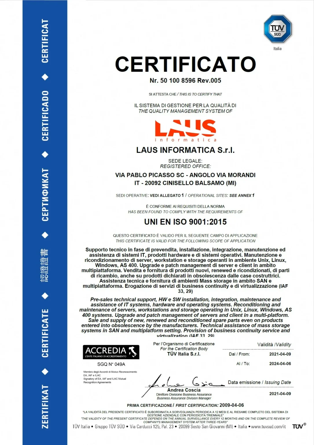 Cerificato UNIENISO 2015 Laus Informatica